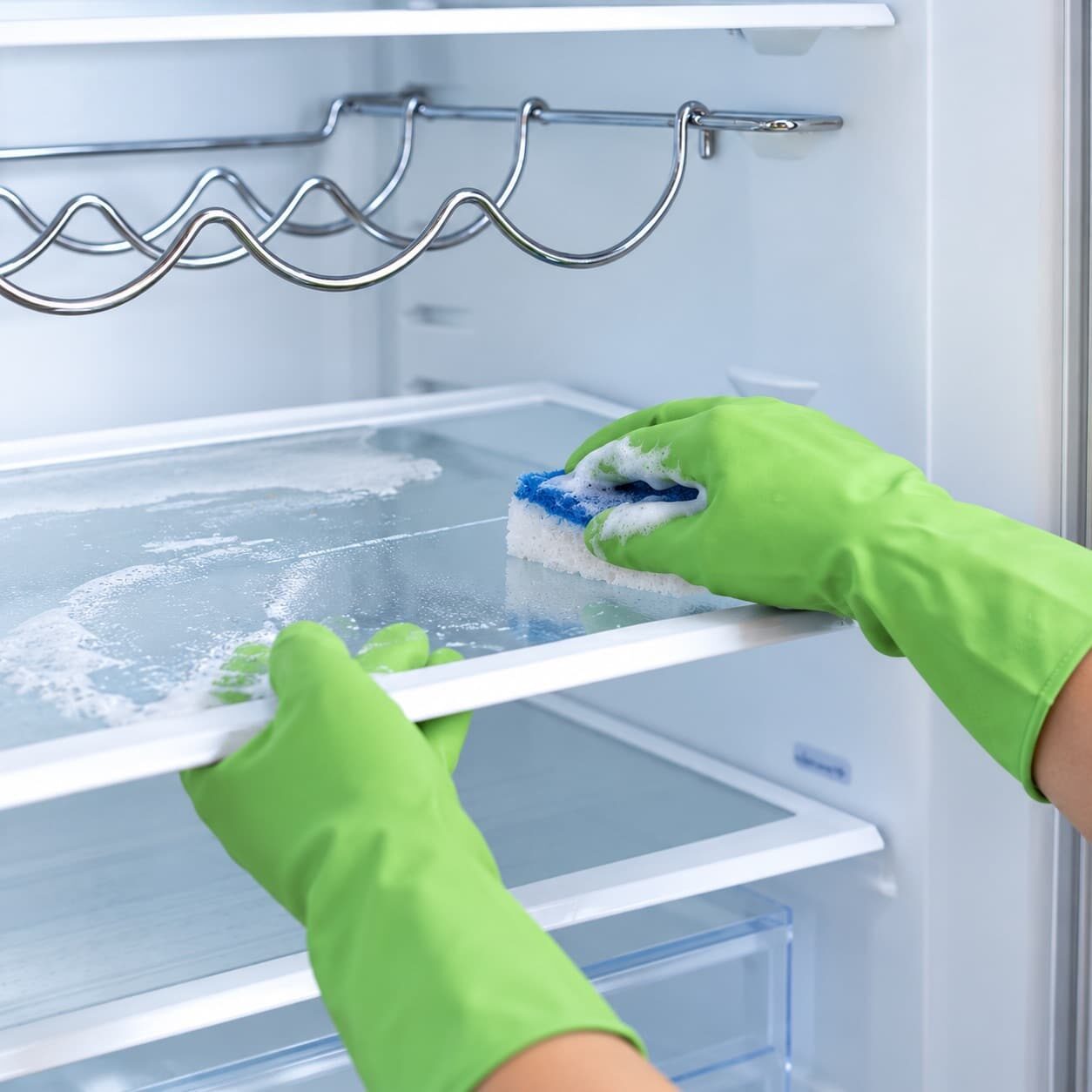 Gloved Hands Cleaning Refrigerator Shelf